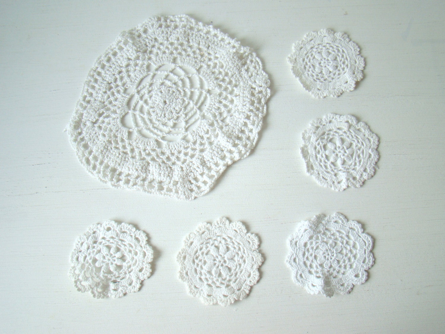6 french crochet doilies, vintage handmade, shades of white hand crochet doilies, french vintage shabby chic cloth decor