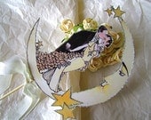Deco Moon Wedding Cake Topper, Vintage Bride And Groom - Outlined in Silver Glitter