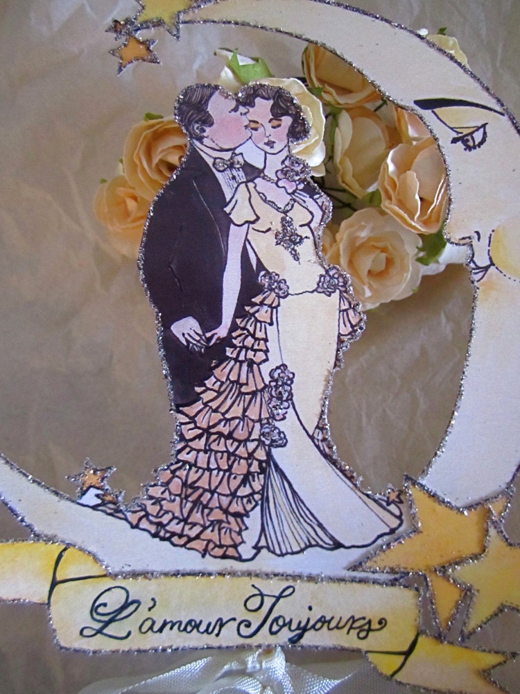 Moon and Banner Wedding Cake Topper- Vintage Bride And Groom - Outlined in Silver Glitter