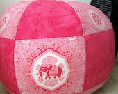 Coloful 18" Pouf made of  Moda Fabrics, Trade Winds Fabric, Elephants in Pink