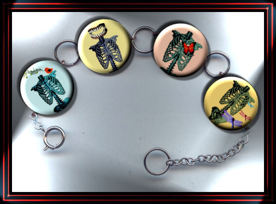 Human Skeleton Torso antique medical illustrations stylized Charm Bracelet with Rhinestones Altered Art Jewelry