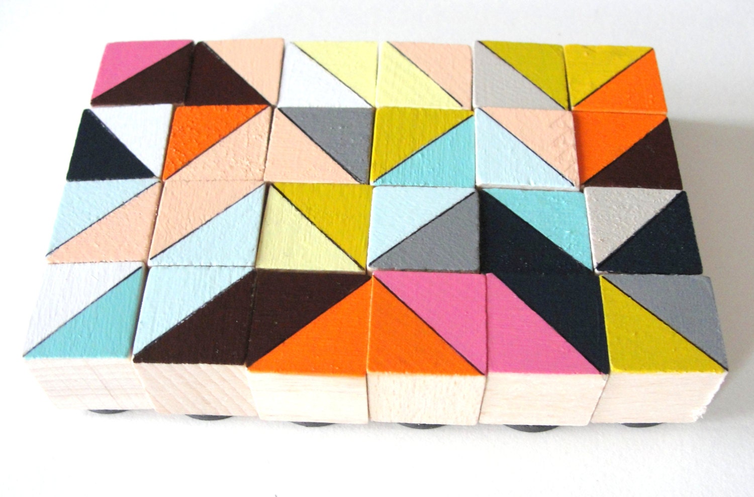 24 Mini Art Block Magnets - Hand Painted Geometric Wood Blocks in Rustic Modern Set (Tangerine, Pink, Gray, & Yellow)