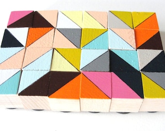 24 Mini Art Block Magnets - Hand Painted Geometric Wood Blocks in Rustic Modern Set (Tangerine, Pink, Gray, & Yellow)