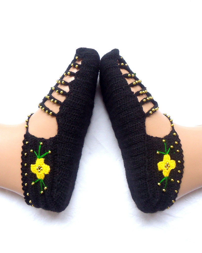 Valentine's Day Black  Beaded  Turkish Crochet Slippers,Handmade Womens Slippers Socks, Ethnic, Traditional Clothes, Adult Slippers.