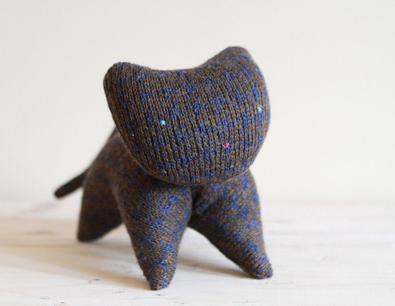 one of a kind indigo and brown handmade wool kitten plush