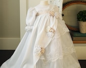 Lace and Silk Layered Ruffled Baptism / Blessing Dress with Two Tone White Roses