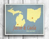 Customized Print, Long distance relationship poster, digital print, map art, follow your heart - 11x14