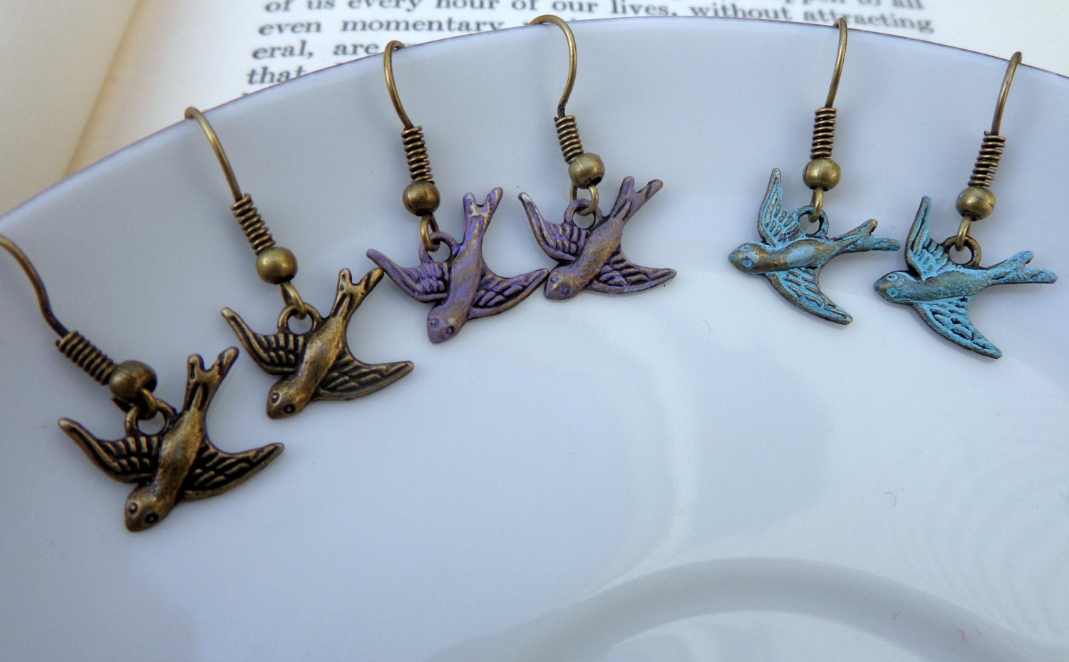 Tiny Brass Bird Earrings. Purple and Turquoise Patina Options