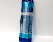 Blue striped fused glass mezuzah silver dichroic glass, gold painted Shen
