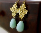 Amazonite and Gold Drop Earrings -  Aquamarine Dangle Earrings - Aquamarine Wedding Jewelry - Beach wedding