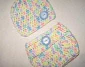 White and Pastel Unisex Boy or Girl  Baby Diaper Cover and Baby Hat Set Newborn- 3 months Baby Shower