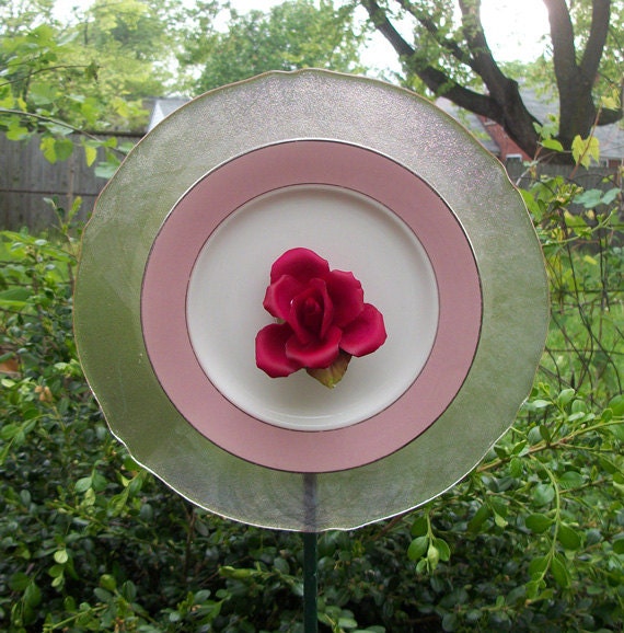 Blush Pink Glass Garden Flower with Hot Pink Rose - Shabby Chic Decor