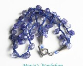 Blueberry Blue Crocheted Necklace - Crochet Boho Bohemian Style Czech Cut Glass Clear and Blue Beads with Sterling Silver Clasp