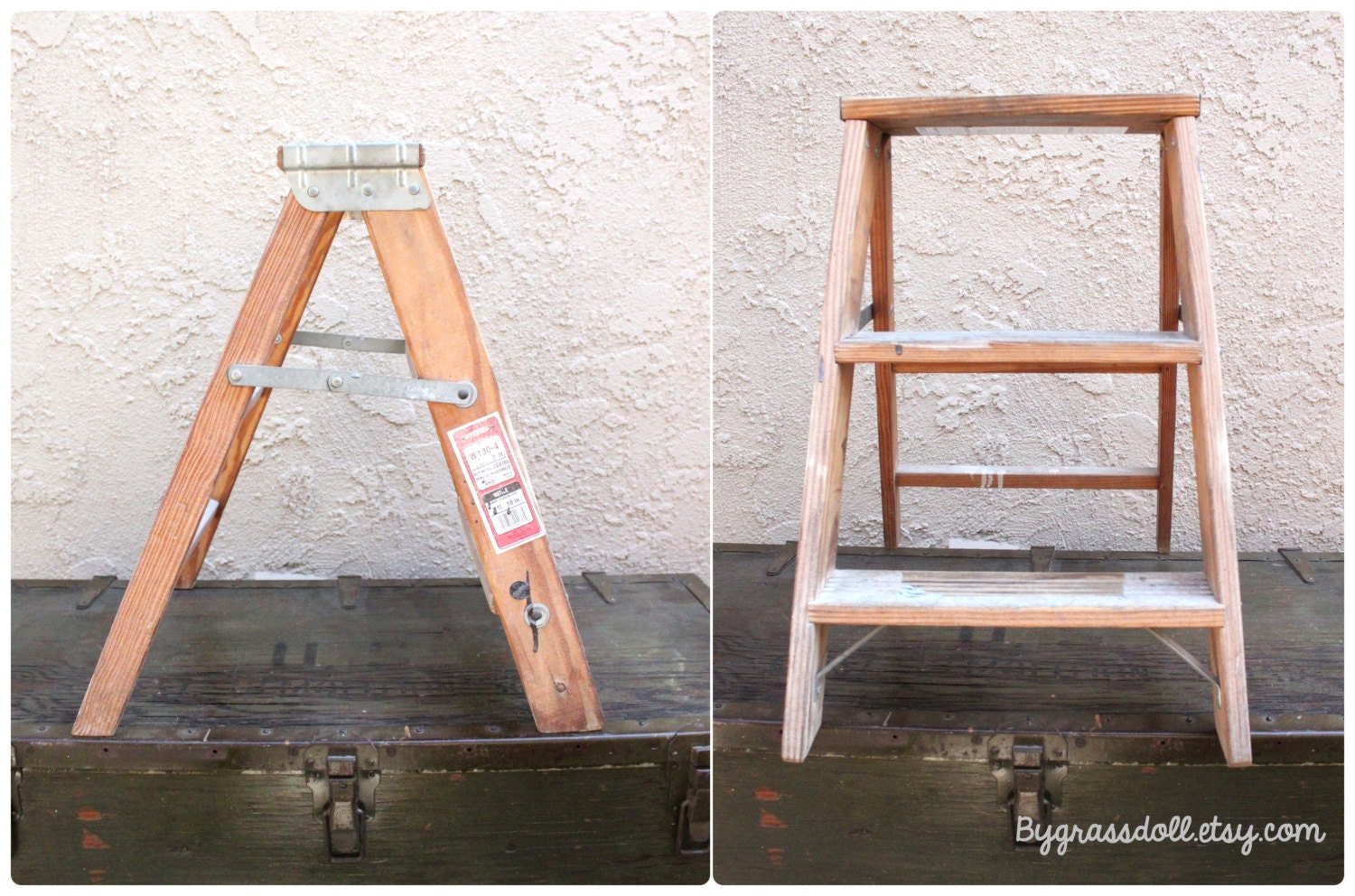 USA Made Vintage Werner Chic Wood Folding Step Ladder,  Household Stool Shabby