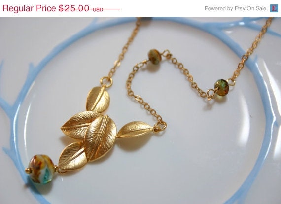 Summer Sale: Golden leaves and glass bead necklace