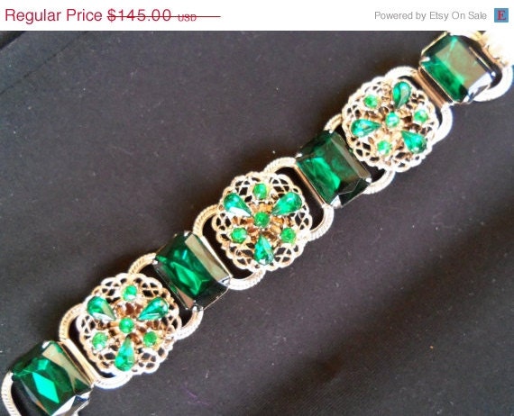 1950's Green Rhinestone Bracelet Collectible Jewelry Mad Men Mod Black Tie Formal Hollywood Regency Rockabilly Accessories