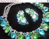Beautiful Aqua Blue Green Demi Parure 1950's 1960's Rhinestone Necklace Earring Set Mad Men Mod Jewelry