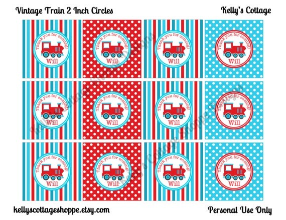 Vintage Train Birthday Party 2 Inch Thank You Circles... Custom, Printable.... Favor Tags Il_570xn
