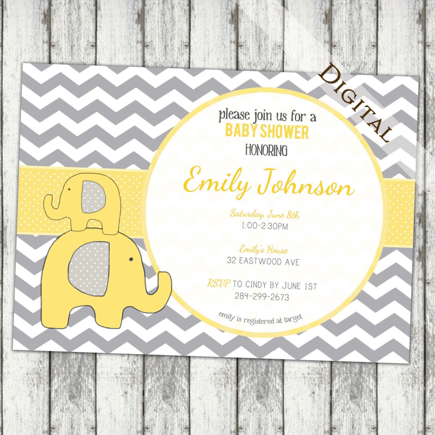 Chevron Baby Shower Invitation elephant Baby Shower Invitation gender neutral yellow and grey baby shower Invites (item111))