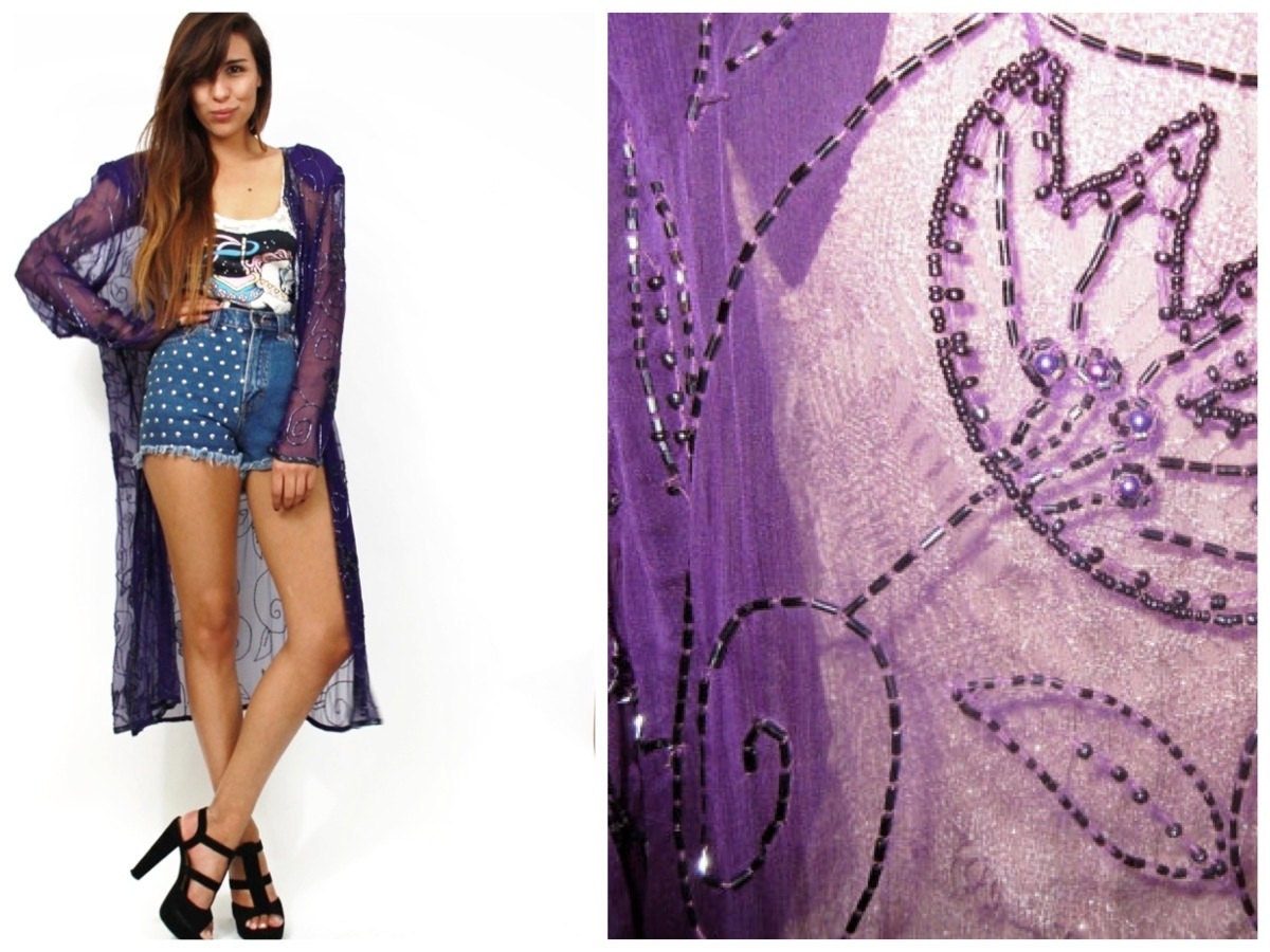 Vintage 80s Full Length Purple Beaded Disco Robe by Roamans