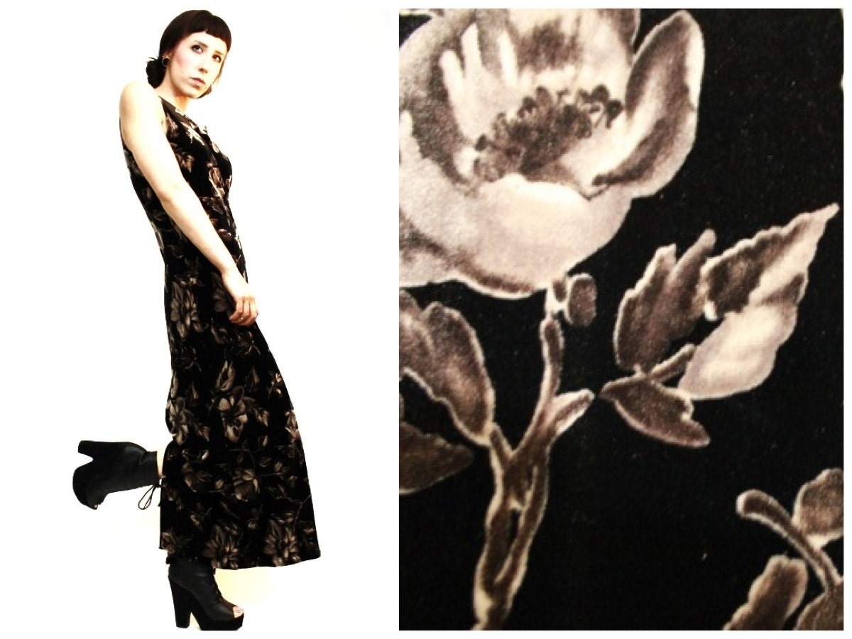 Vintage 90's Velvet Floral Maxi Dress S/M