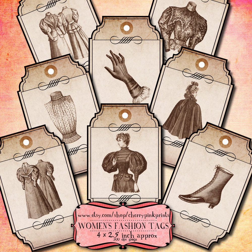WOMEN'S FASHION TAGS gift tags price tags digital collage sheet, sepia apothecary tags and labels, great as a tag for vintage clothing.