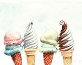 Ice Cream Cones Soft Serve - Print of Original Watercolor 6 x 9 - Two Scoops Dairy Queen Vanilla Chocolate Swirl