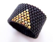 Black Beaded Ring, Gold Triangle Ring, Beaded Ring Band, Geometric Ring, Gold Arrow Ring, Art Deco Style, OOAK Handmade by JeannieRichard