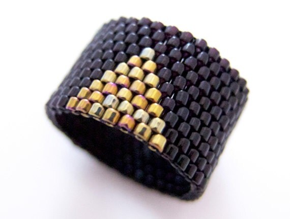 Black Beaded Ring, Gold Triangle Ring, Beaded Ring Band, Geometric Ring, Gold Arrow Ring, Art Deco Style, OOAK Handmade by JeannieRichard