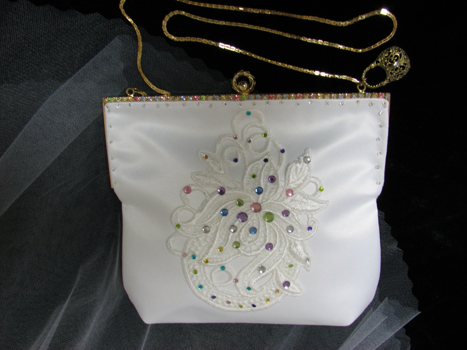 EVENING HANDBAG in  White Satin on Vintage Ed B. Robinson Frame Studded with Pastel Rhinestones with Applique and Pastel Rhinestones