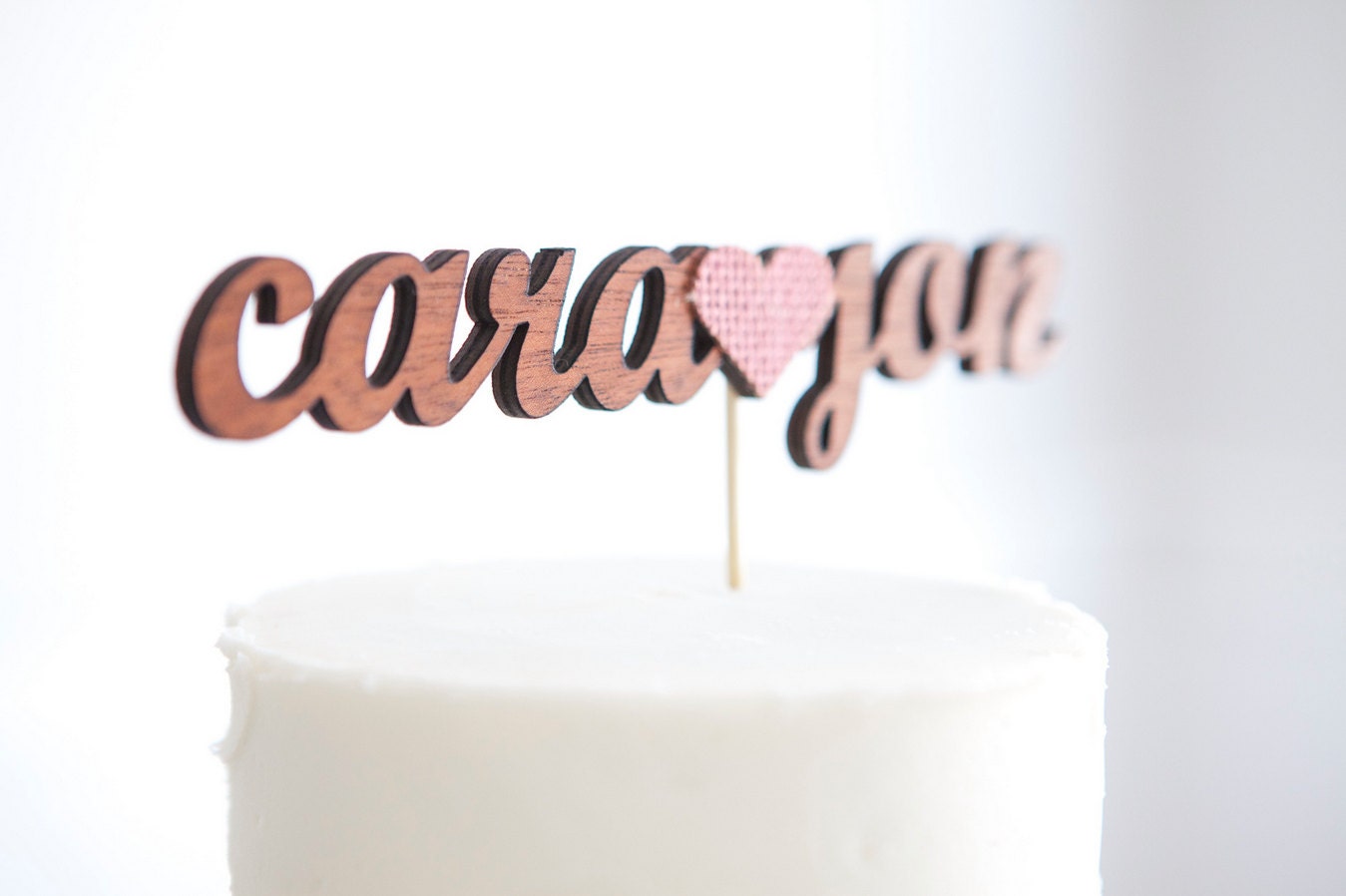 The Whimsical Wedding Cake Topper in dusty rose burlap - Mahogany Wood