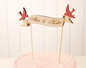 Custom Banner Wedding Cake Topper in Birch Party Pink Love Birds