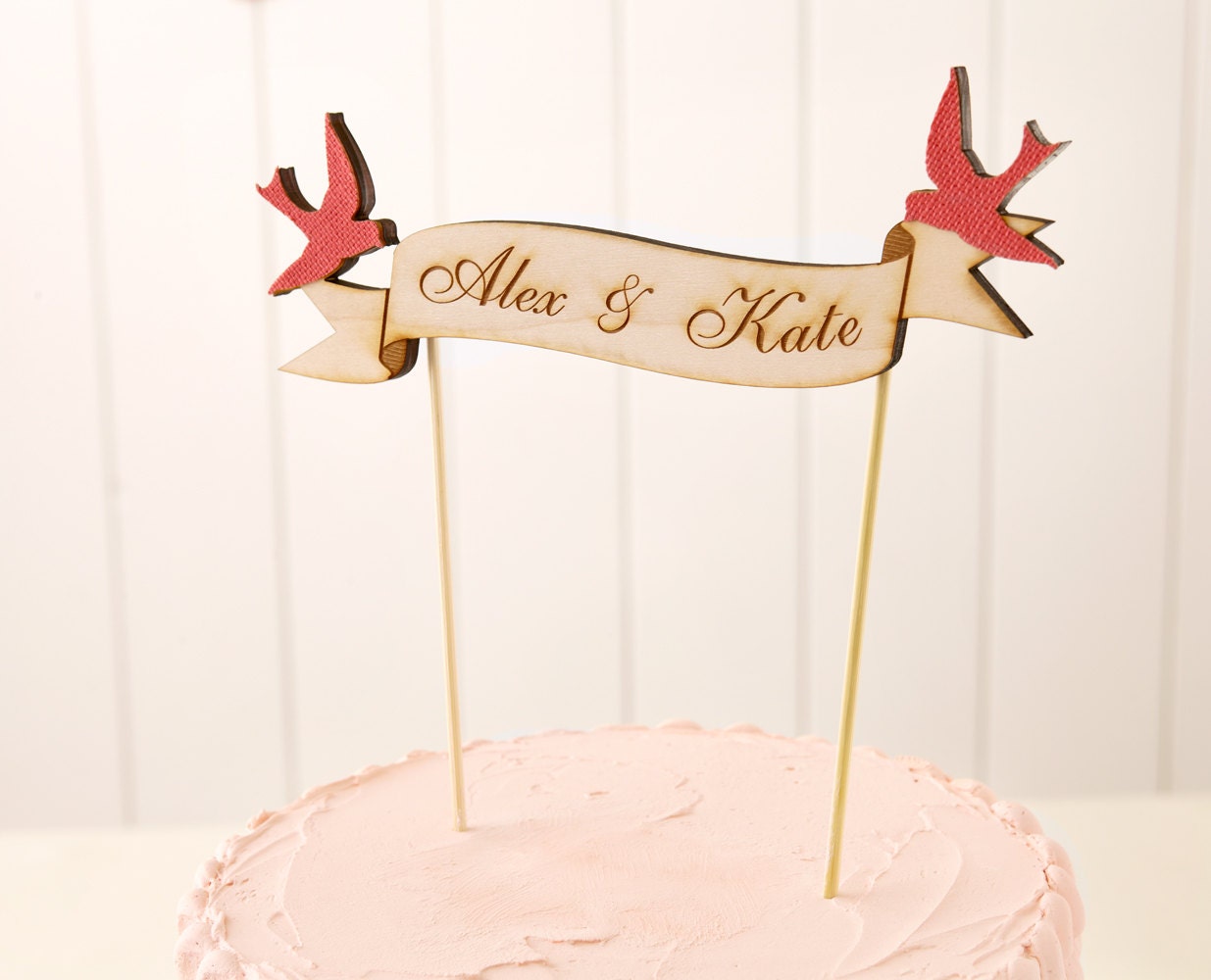 Custom Banner Wedding Cake Topper in Birch Party Pink Love Birds
