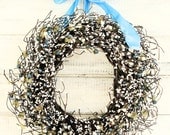 TEAL BLUE & CREAMY White Wreath-Summer Door Wreath-Vintage Wedding Decor-Cottage Chic Decor-Choose Scent and Ribbon Color