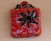 Square Porcelain Pendant, Black Starburst on Red, Handmade Beads