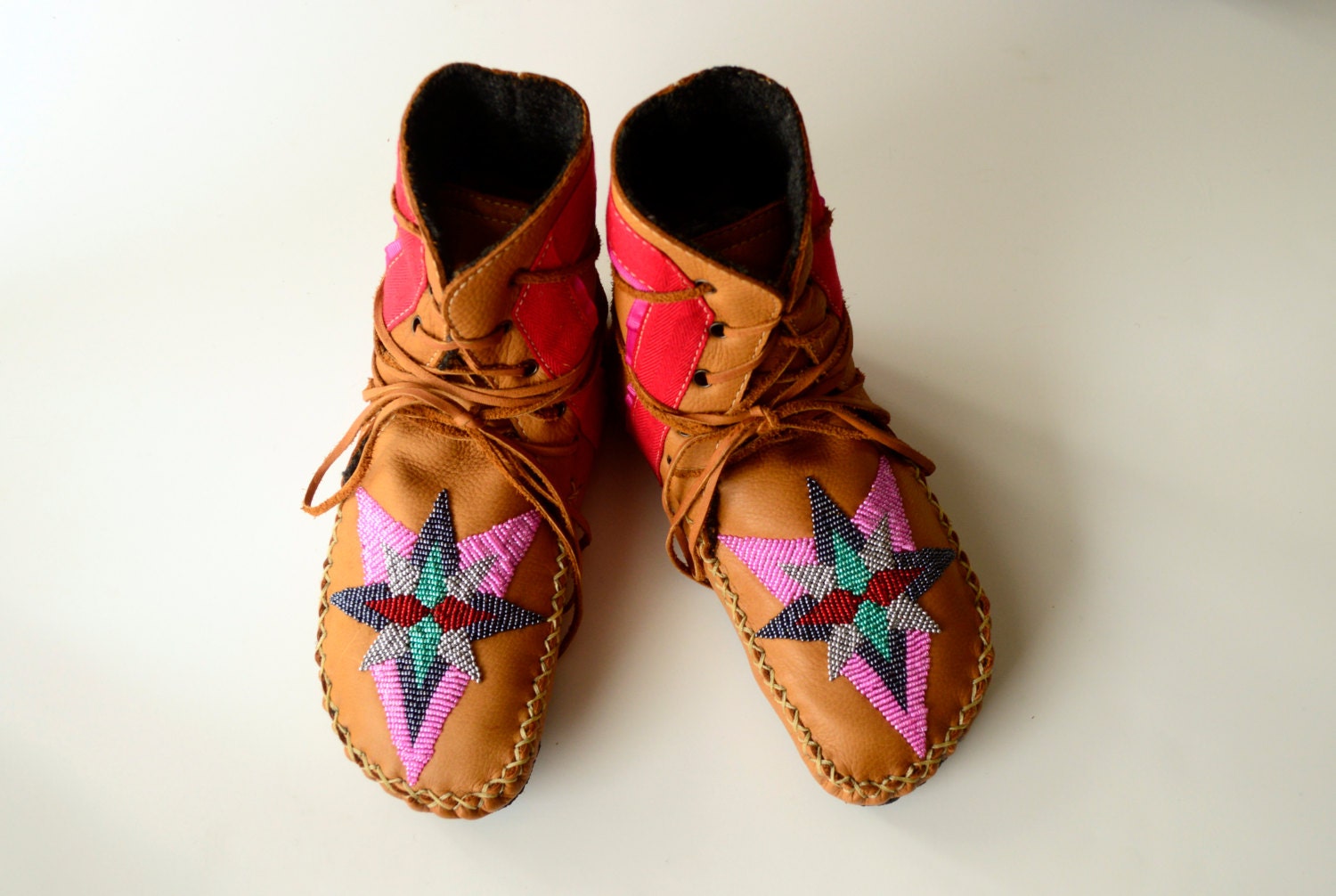 Women's handmade leather beaded wool-lined moccasin winter boots with wool felt insole and crepe rubber sole