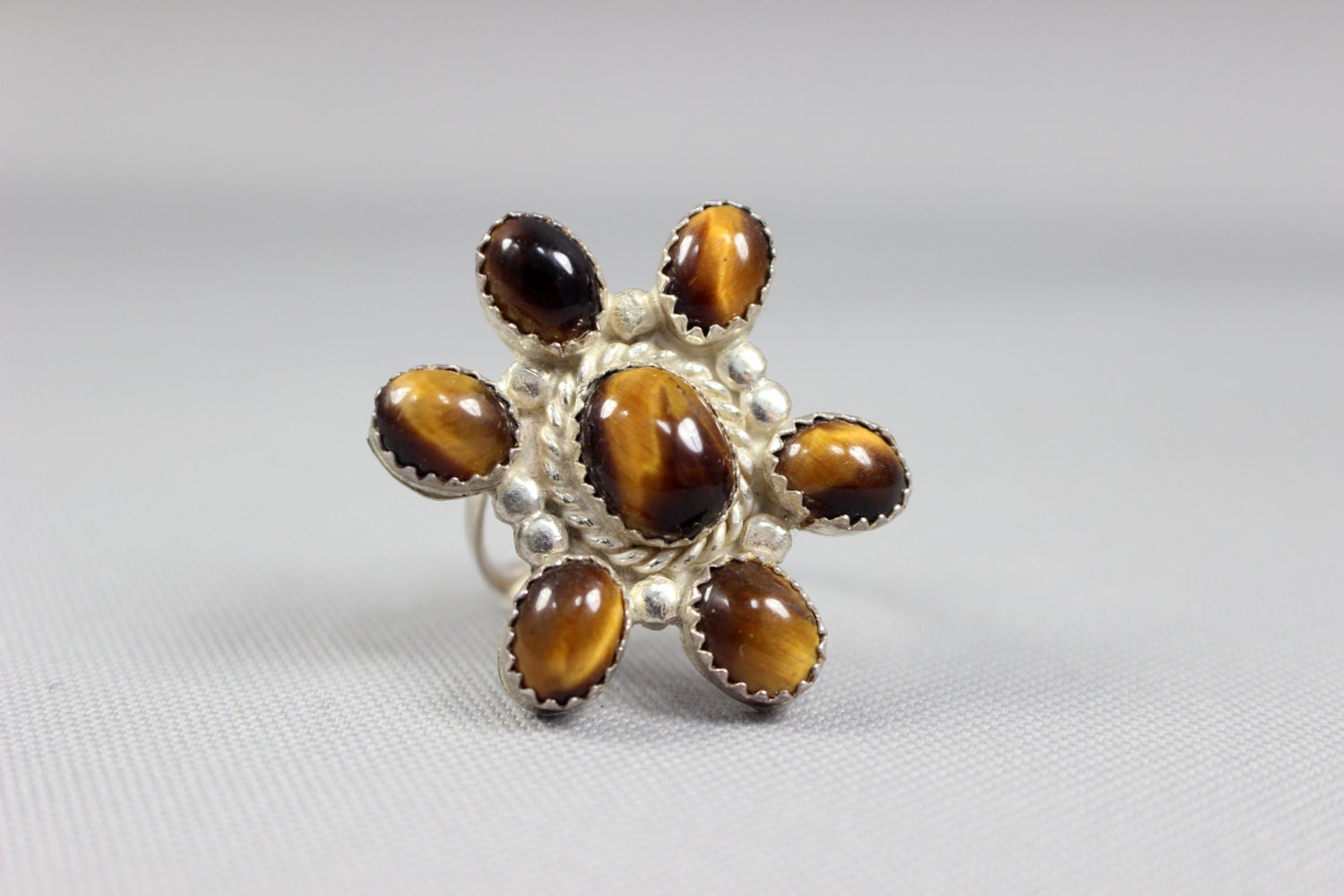 Vintage Ring Tigers Eye Ring Large Sterling Silver Cocktail Ring 7 1/2