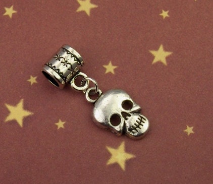 Silver Skull Charm with Bail Dangle Pendant Cute Punk Gothic Spooky Fun European Charm Bracelets