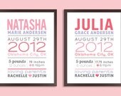 Custom 11x14 Birth Announcement Prints, Set of two prints, Nursery Wall Art Print (baby name and birth stats) pink & gray