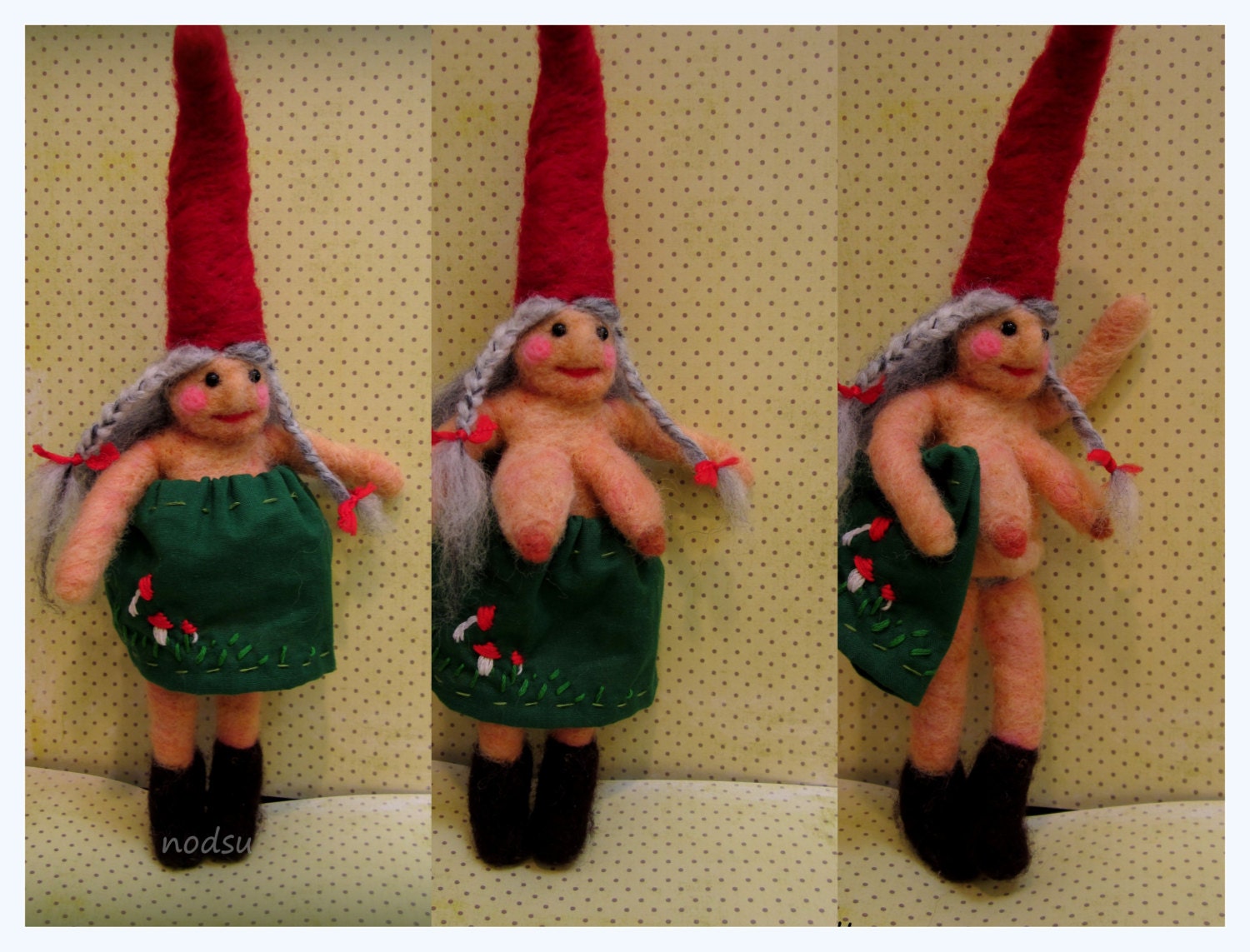 MATURE Naked felted naughty gnome wife with skirt, needle felted nekked lady, humor gift