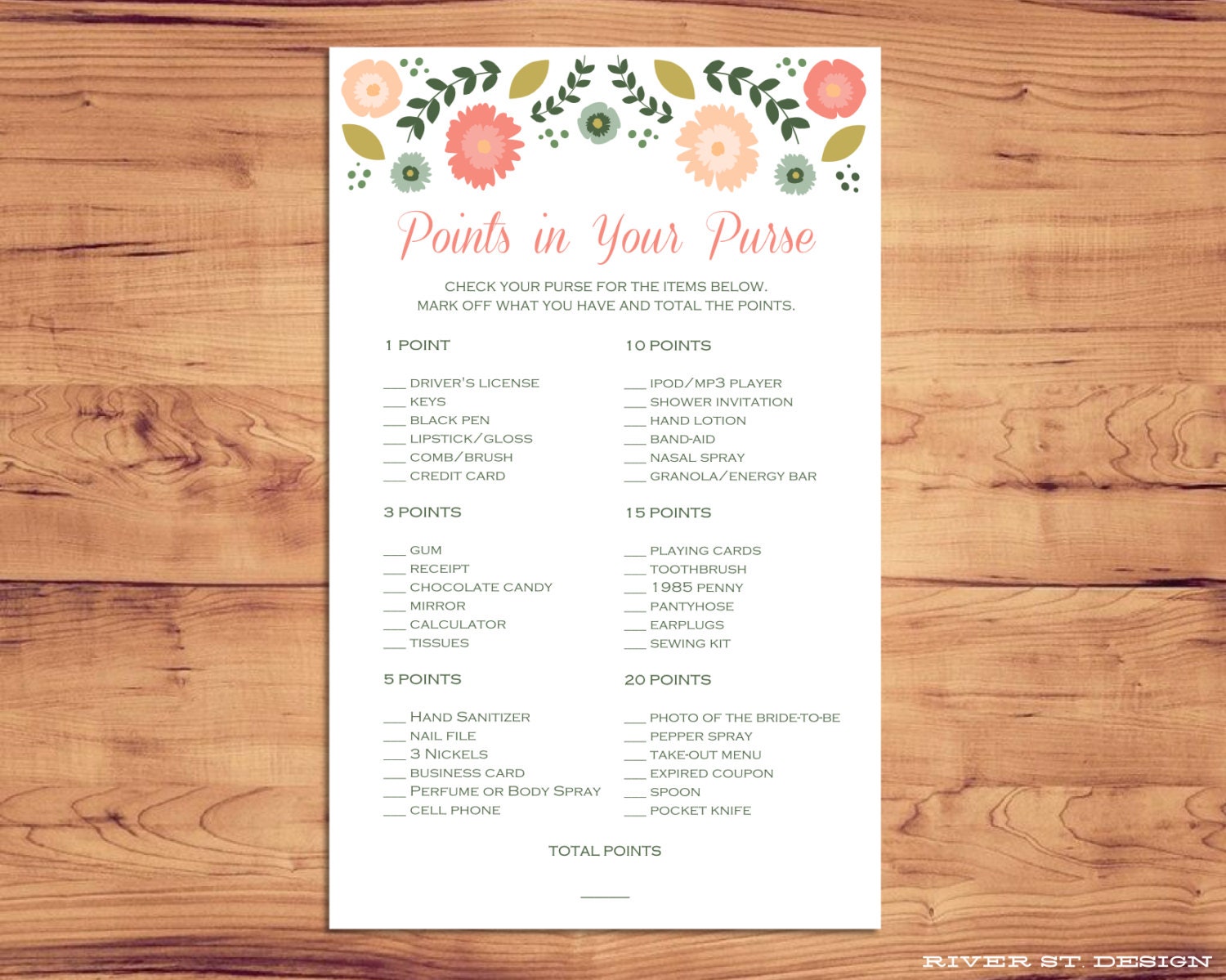 Printable Bridal Shower Game - Points in Your Purse