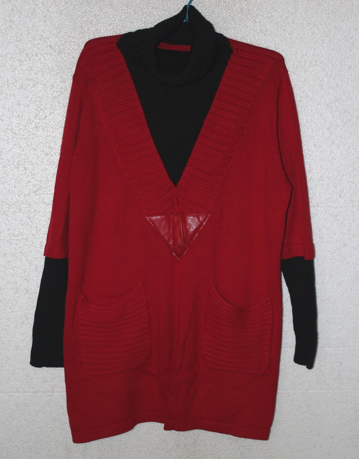 Red cotton high collar long loose coat sweater dress