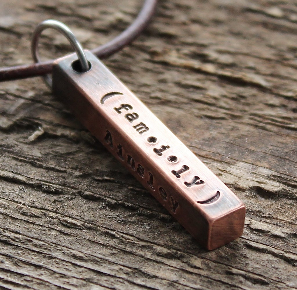 Personalized Mens Hand Stamped Necklace - Custom Mens Bar Necklace - Thick & Rustic Copper