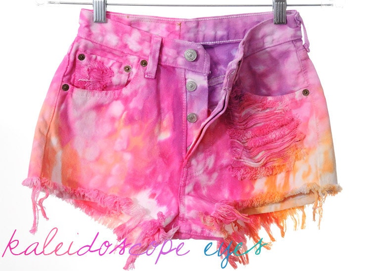 Vintage Levis 501 High Waist MARBLED Dyed DESTROYED Denim Cut Off Shorts XXS