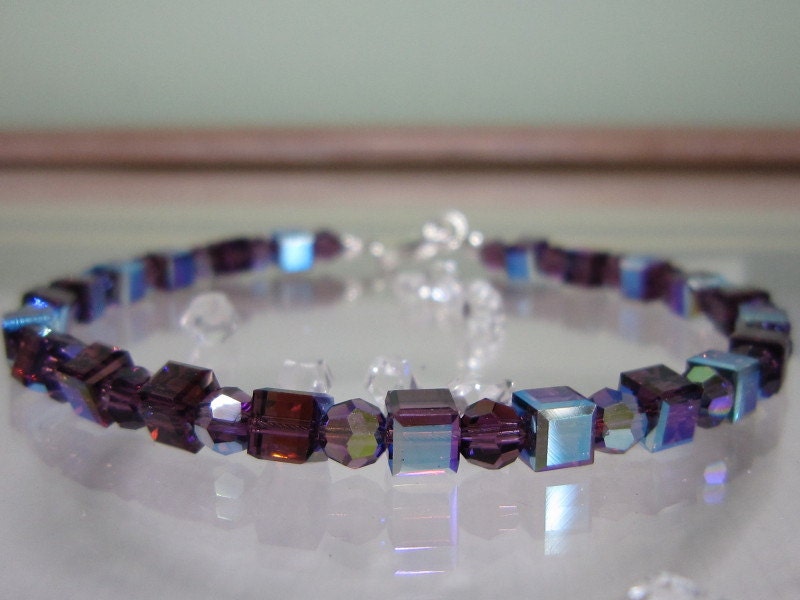 Swarovski Amethyst AB Cube Amethyst AB Round Beaded Bracelet February's Birthstone