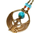 Egyptian Necklace Sun God Ra Pendant Turquoise Orange Brass Jewelry