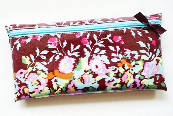 Cash budget envelope system wallet with 6 tabbed dividers // wine with multicolor pastel flowers, aqua zip