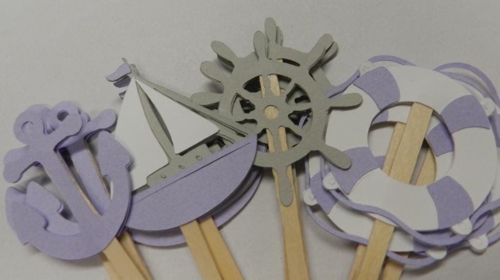 Purple and Grey Nautical Cupcake Toppers Boat, Anchor, Helm, Life Preserver Il_170x135