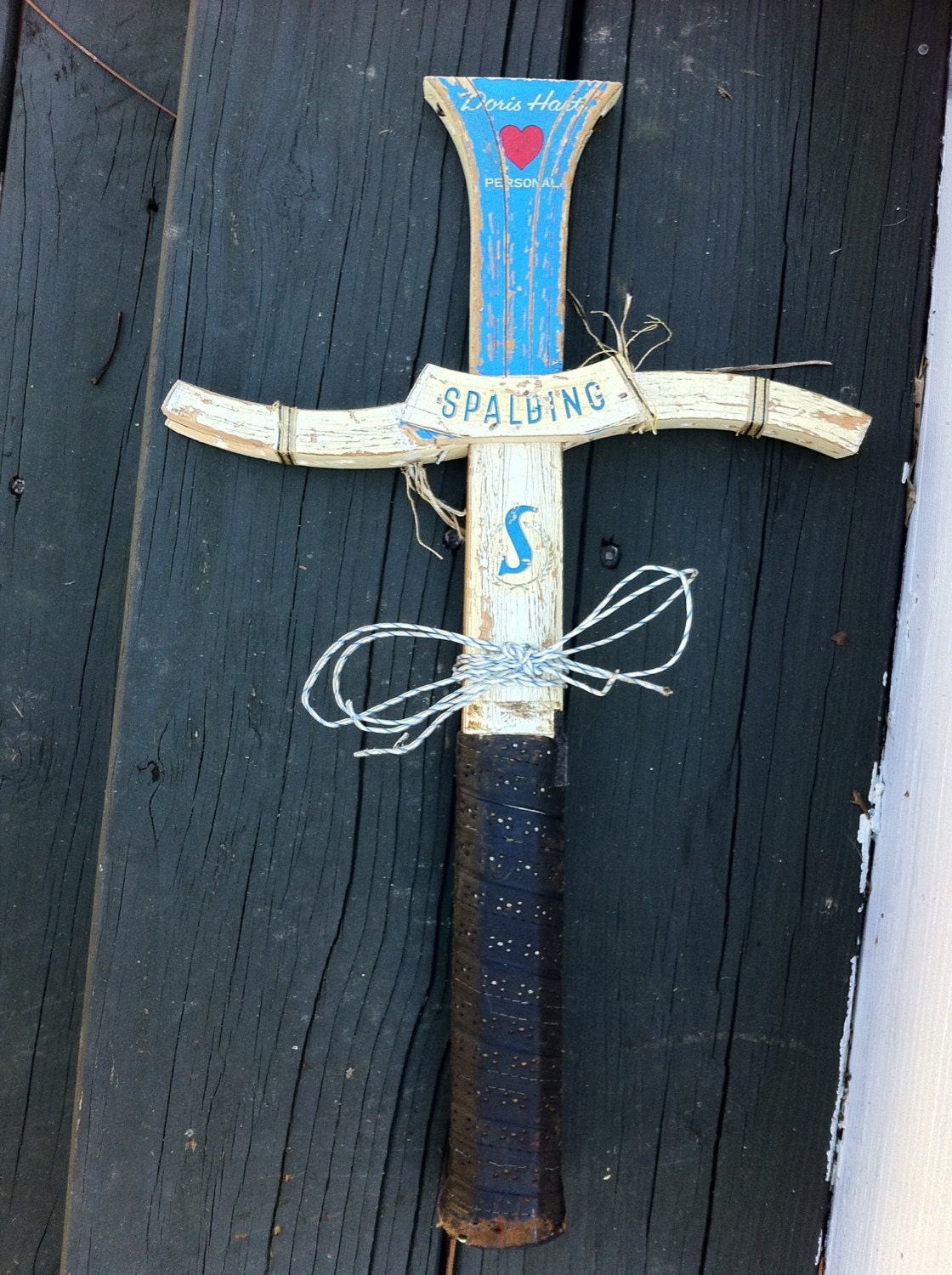 Reclaimed Wood Wall Cross made from a Vintage Tennis Racket