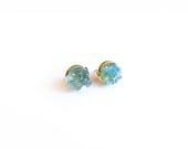 Raw Crystal Stud Earrings // Blue Apatite, Crushed Mineral Rock Cluster, Turquoise Aqua Stone, Gold, Small Studs, Aquamarine, Spring Fashion
